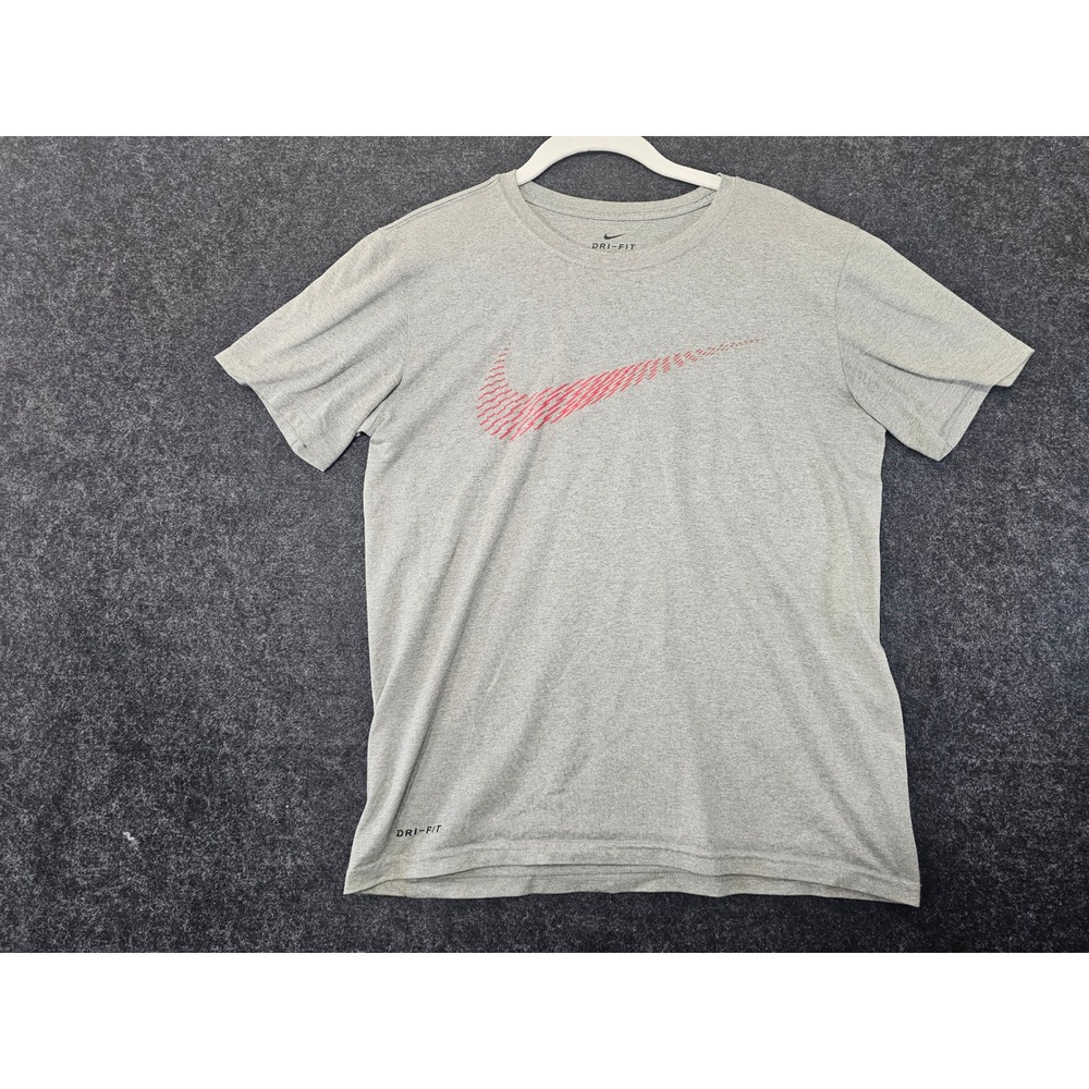 Nike Dri-FIT T-Shirt Mens Small Gray Red Graphic Swoosh Activewear